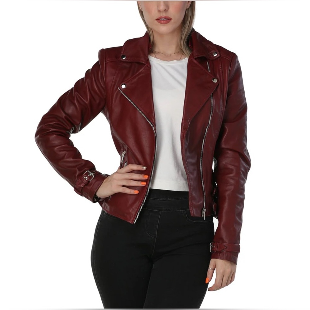 NWT [Leather Skin] Burgundy Maroon Asymmetrical Zip Leather Jacket Women’s XS - Picture 3 of 12